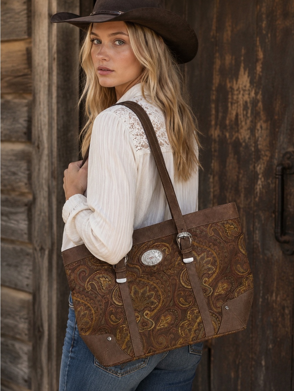 Reba McEntire Brown Paisley Tapestry Tote - Western Boho Canvas Bag Faux Suede